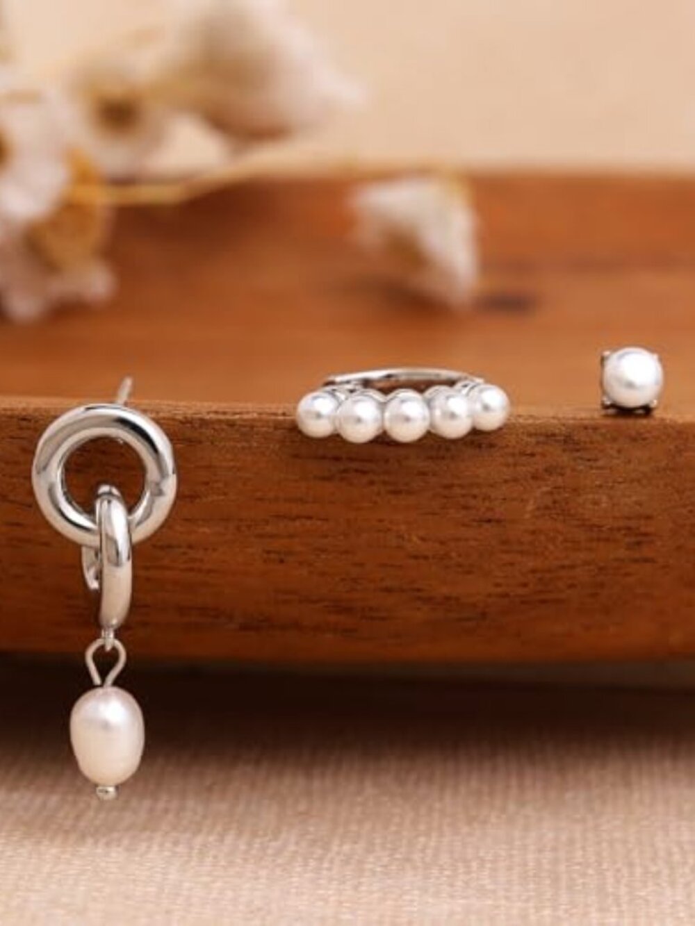 Pearl Hoop Earrings Set for Women, 3 Pairs Dainty 14k Gold Plated Rhinestone‎